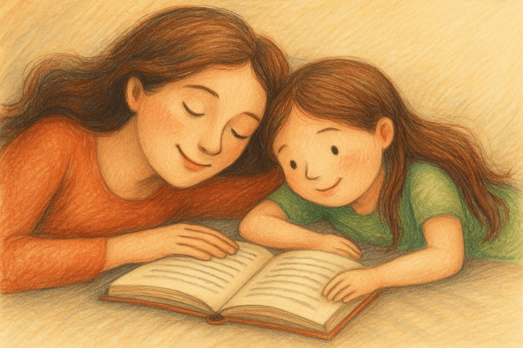 Rajzolt illusztráció egy anyáról és lányáról, akik egymás mellett fekszenek, és közösen olvasnak egy nyitott könyvből. Mindketten mosolyognak, a jelenet bensőséges és meghitt