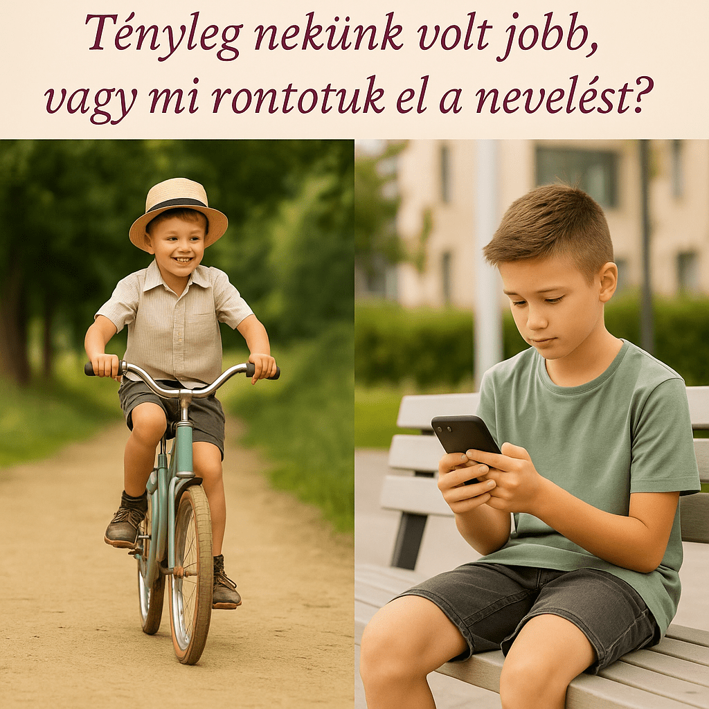Régi időkben bicikliző gyerek a falusi úton, szembeállítva egy mai gyerekkel, aki okostelefonját nézi.