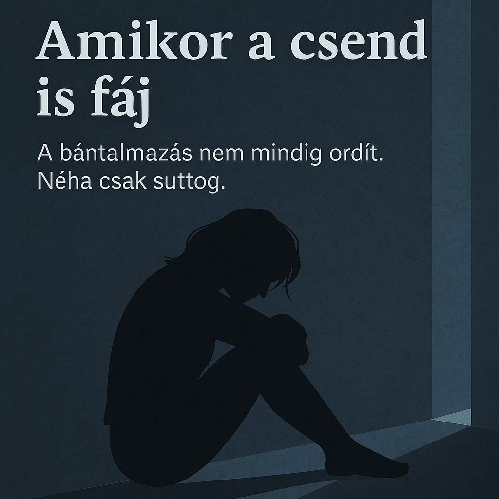 Digitális illusztráció: egy nő ül egy sötét szobában, maga elé nézve, mögötte halvány fény világítja meg az arcát. A kép csendes, mégis feszültséggel teli -  a családon belüli bántalmazás láthatatlan valóságát idézi meg.