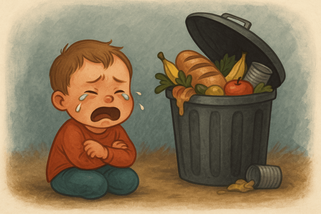Rajzolt, vízszintes illusztráció: egy síró kisgyermek ül a földön egy kuka mellett, amelyből étel – kenyér, gyümölcs, konzervek – hullanak ki. A kép kontrasztot teremt a kidobott élelmiszer és a nélkülöző gyermek között, erős érzelmi üzenettel az élelmiszer-pazarlásról és a társadalmi felelősségről.