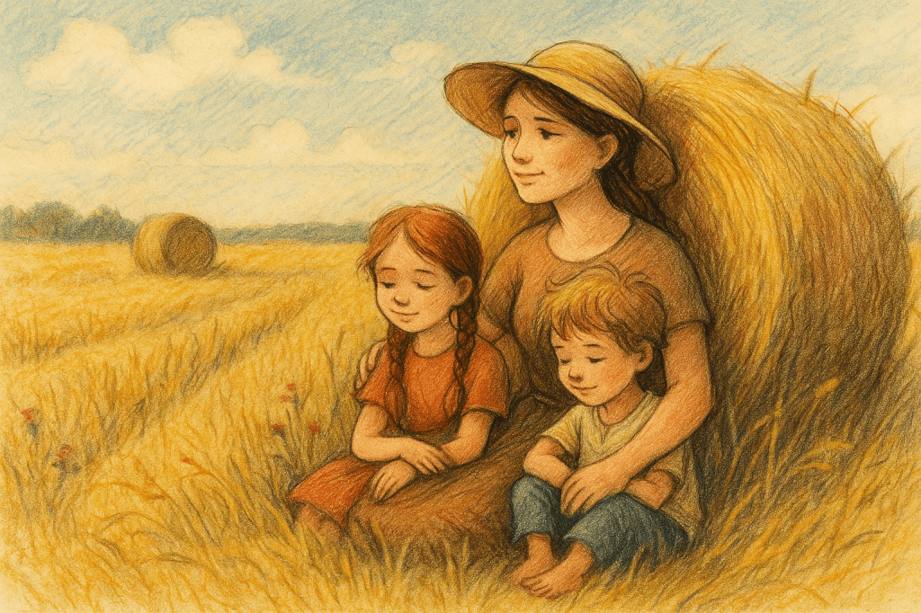 Rajzolt jelenet, amelyen egy anya két gyermekével ül egy szalmabála tövében a mezőn. A háttérben aranyló gabonaföld és lágyan hullámzó égbolt látható, a kép a falusi élet egyszerűségét és melegségét ábrázolja.