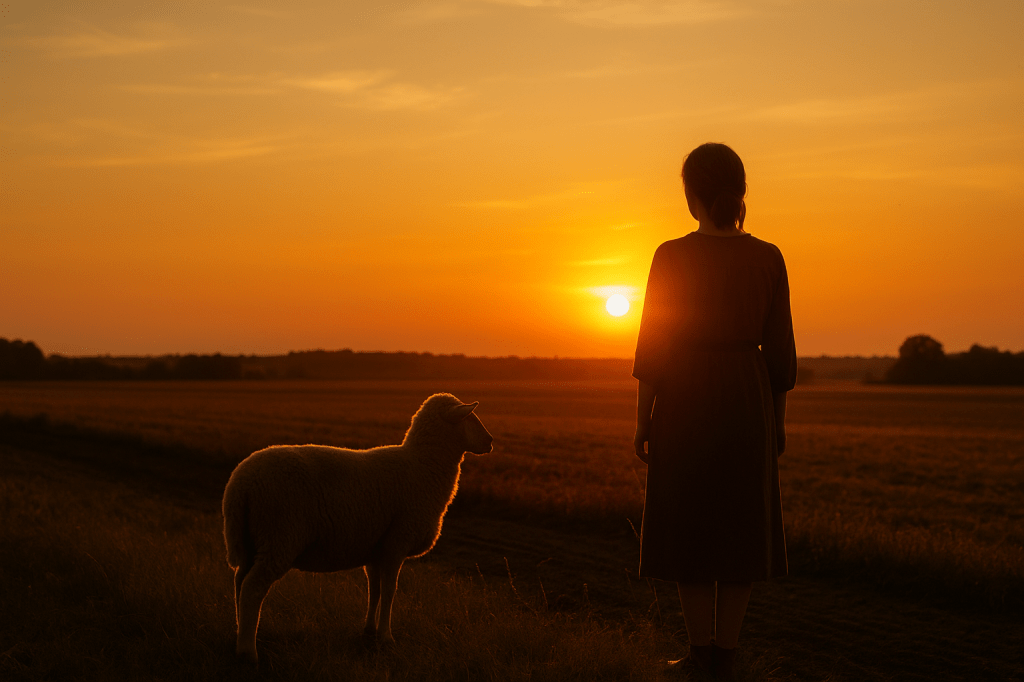 Naplementében egy falusi nő áll a mezőn, háttal a kamerának, mellette egy birka. Az aranyló fényben a táj nyugodt és békés, a jelenet a csendben megélt szabadságot, hálát és tartást fejezi ki.
