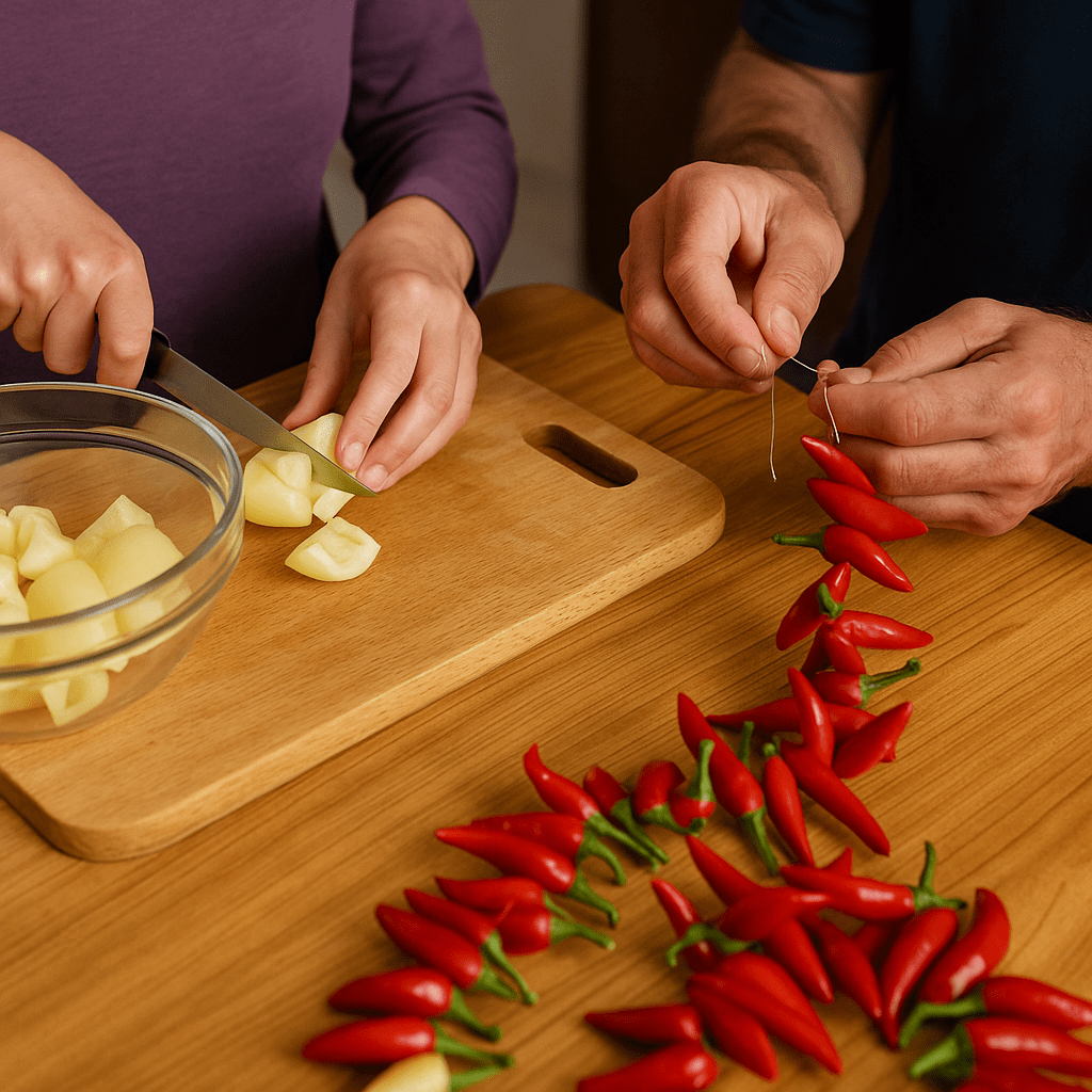 Két pár kéz dolgozik egy asztalon: a női kéz almapaprikát darabol, a férfi kéz csilipaprikát fűz fel szárításra. A sárga és piros paprika kontrasztja adja a kép meleg hangulatát.