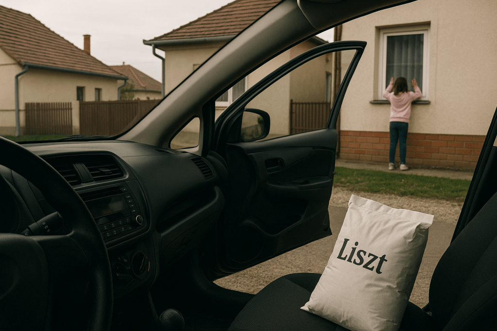 Falusi utca délutáni fényben. Egy autó áll a ház előtt, anyósülésén zsák lisztadomány a „Magyarok kenyere” felirattal. A szemközti házsor egyik ablakánál egy kislány dörömböl, miközben a háttérben csendes falu és emberi történet bontakozik ki – a segítés és figyelem pillanata.