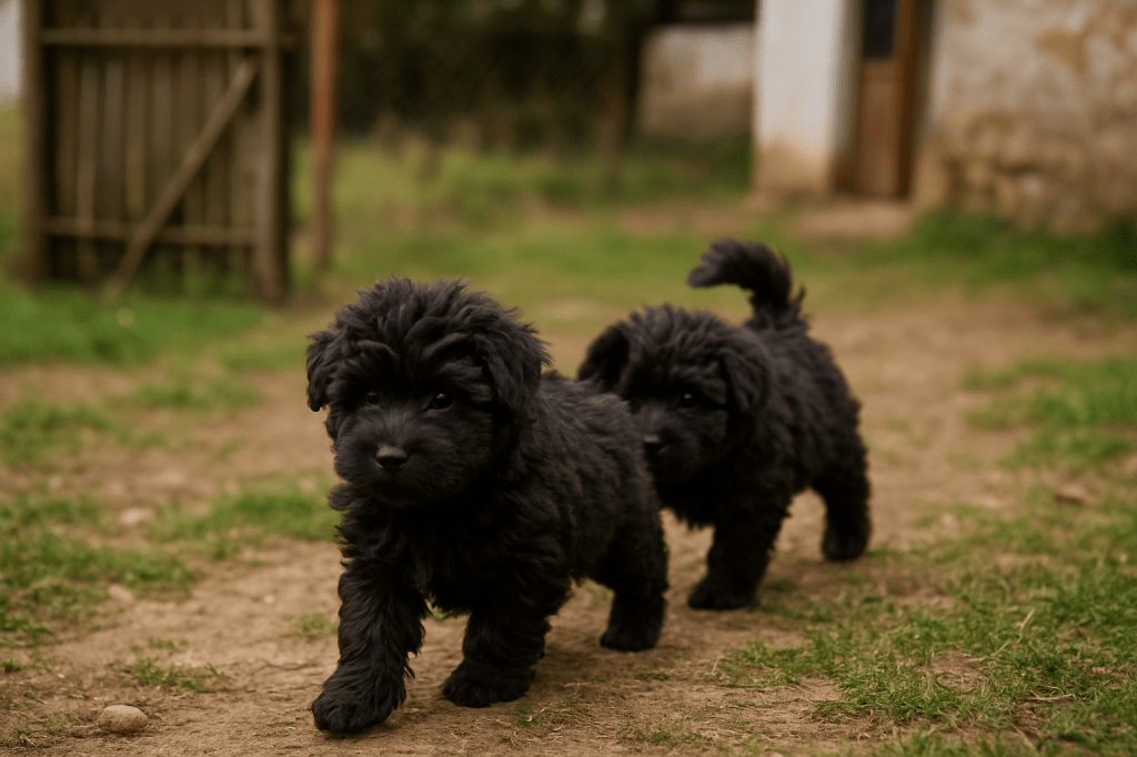Két fekete puli kiskutya áll egymás mögött egy udvaron. Az első magabiztosan előre néz, a másik pedig szorosan mögötte áll, mintha követné. Falusi, csendes háttér, meleg, otthonos hangulat. A kép a ragaszkodás és hűség játékos, szeretetteljes pillanatát mutatja.