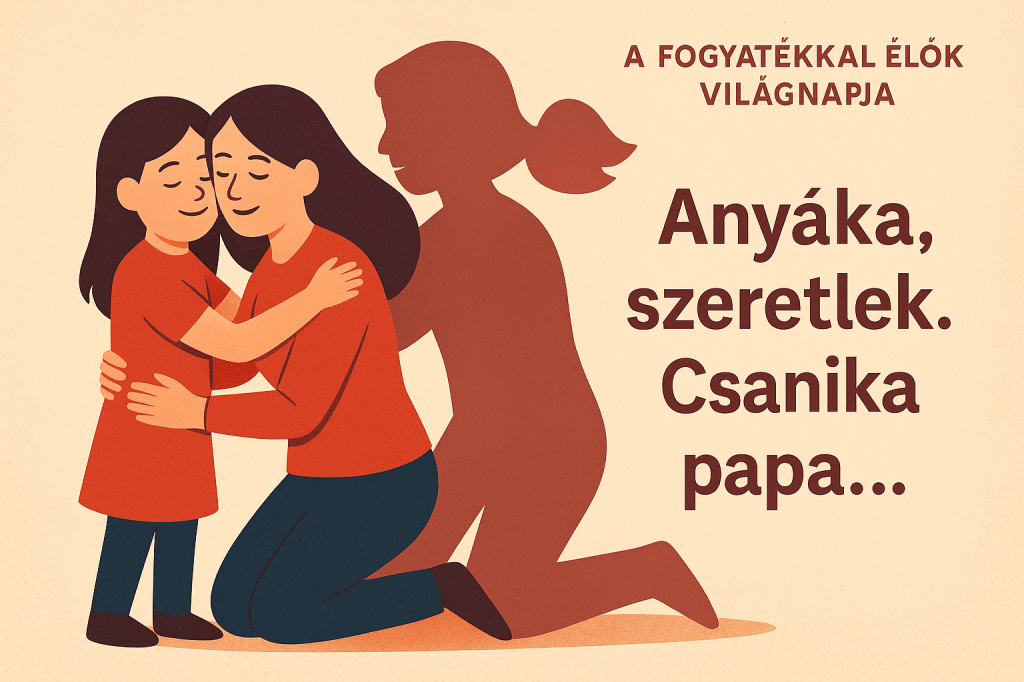 vízszintes digitális illusztráció egy kislányról, aki anyukája kezét fogja. Mindketten a fény felé néznek, hátulról látszanak. A kép meleg, lágy színekkel ábrázolja a kettejük közötti szeretetteljes kapcsolatot. A felirat a jeleneten: „Anyáka, szeretlek. Csanika papa…